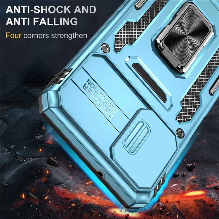 For Samsung Galaxy A12 / F12 / M12 Armor Series Hybrid Hard PC Soft TPU Shockproof Case Ring Car Mount Kickstand Back Shell with Camera Cover - Light Blue