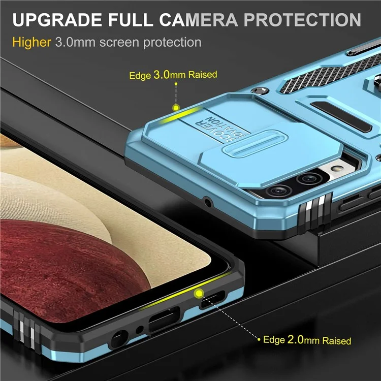 For Samsung Galaxy A12 / F12 / M12 Armor Series Hybrid Hard PC Soft TPU Shockproof Case Ring Car Mount Kickstand Back Shell with Camera Cover - Light Blue