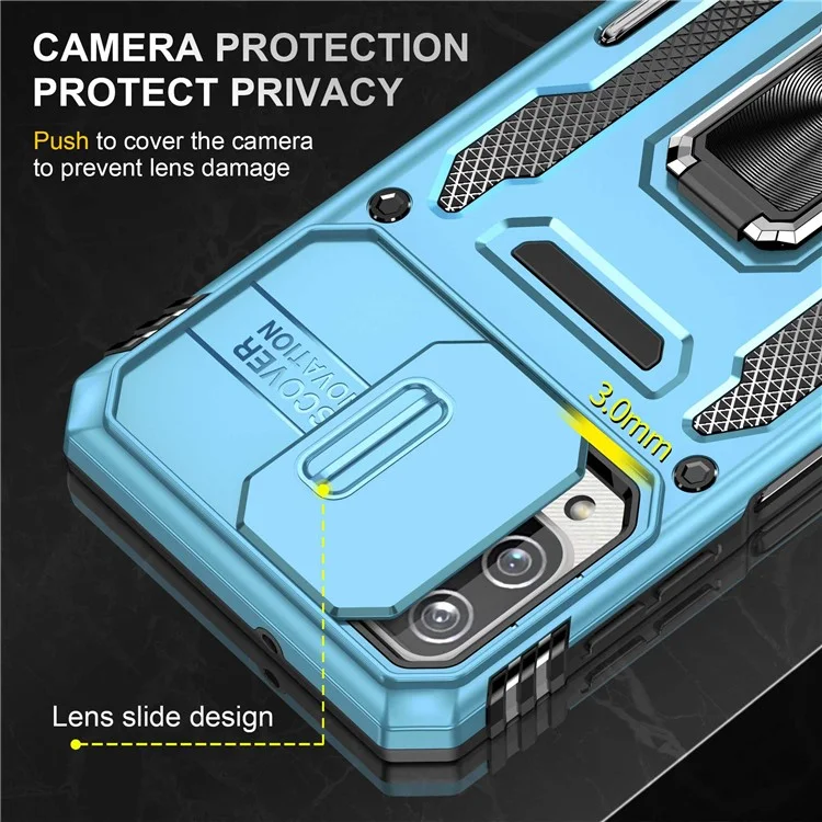 For Samsung Galaxy A12 / F12 / M12 Armor Series Hybrid Hard PC Soft TPU Shockproof Case Ring Car Mount Kickstand Back Shell with Camera Cover - Light Blue