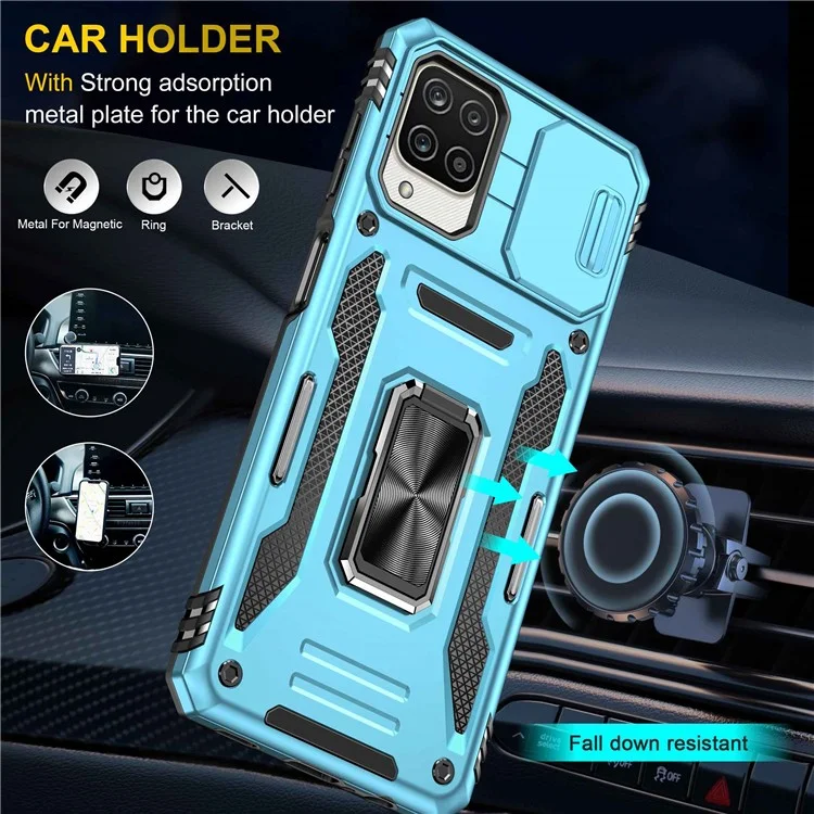 For Samsung Galaxy A12 / F12 / M12 Armor Series Hybrid Hard PC Soft TPU Shockproof Case Ring Car Mount Kickstand Back Shell with Camera Cover - Light Blue