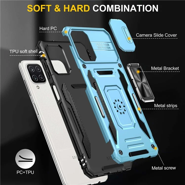 For Samsung Galaxy A12 / F12 / M12 Armor Series Hybrid Hard PC Soft TPU Shockproof Case Ring Car Mount Kickstand Back Shell with Camera Cover - Light Blue