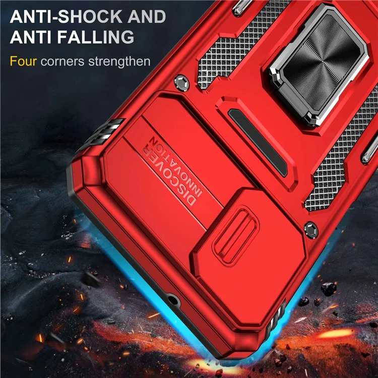 For Samsung Galaxy A12 / F12 / M12 Armor Series Hybrid Hard PC Soft TPU Shockproof Case Ring Car Mount Kickstand Back Shell with Camera Cover - Red