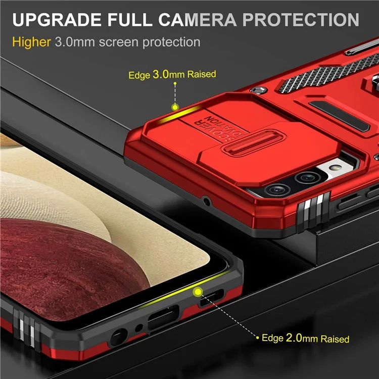 For Samsung Galaxy A12 / F12 / M12 Armor Series Hybrid Hard PC Soft TPU Shockproof Case Ring Car Mount Kickstand Back Shell with Camera Cover - Red
