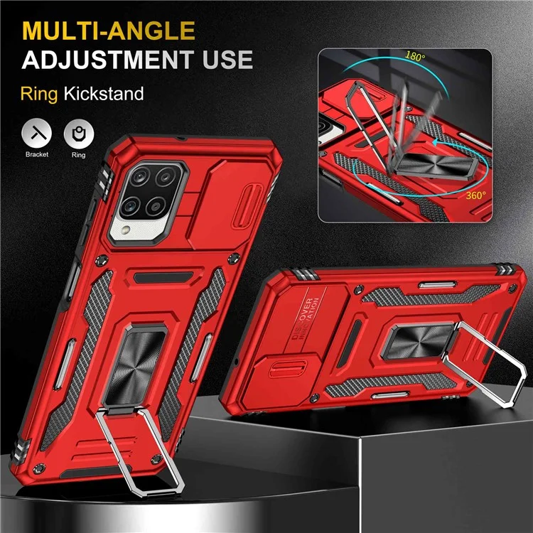 For Samsung Galaxy A12 / F12 / M12 Armor Series Hybrid Hard PC Soft TPU Shockproof Case Ring Car Mount Kickstand Back Shell with Camera Cover - Red