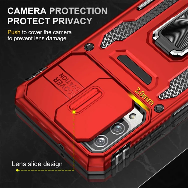 For Samsung Galaxy A12 / F12 / M12 Armor Series Hybrid Hard PC Soft TPU Shockproof Case Ring Car Mount Kickstand Back Shell with Camera Cover - Red