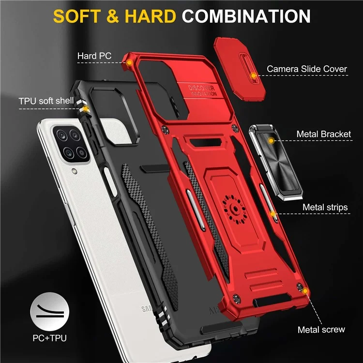 For Samsung Galaxy A12 / F12 / M12 Armor Series Hybrid Hard PC Soft TPU Shockproof Case Ring Car Mount Kickstand Back Shell with Camera Cover - Red