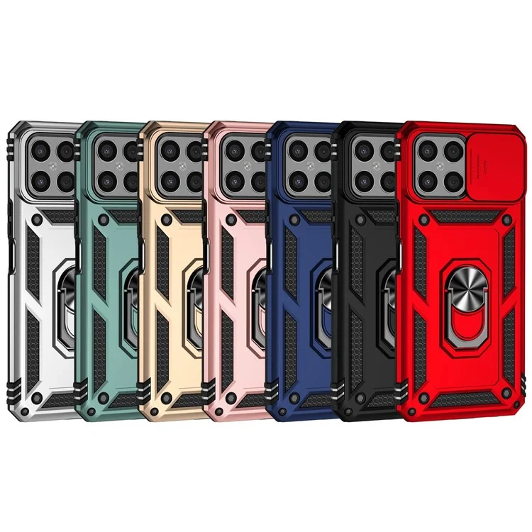 Slide Camera Protector Phone Case für Honor X8 4G 4G, PC + TPU Metallring Kickstand Hybrid Cover - Schwarz