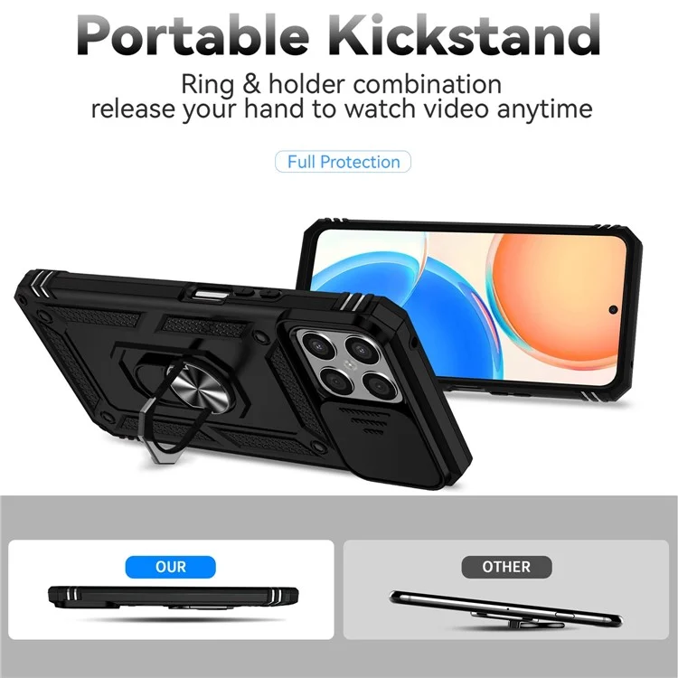 Slide Camera Protector Phone Case für Honor X8 4G 4G, PC + TPU Metallring Kickstand Hybrid Cover - Schwarz
