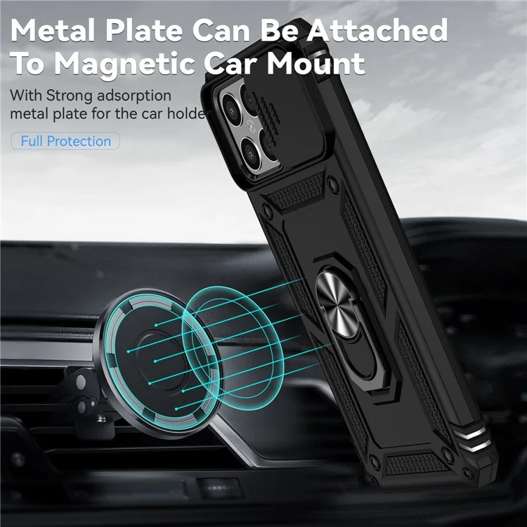 Slide Camera Protector Phone Case für Honor X8 4G 4G, PC + TPU Metallring Kickstand Hybrid Cover - Schwarz