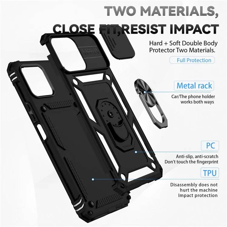 Slide Camera Protector Phone Case für Honor X8 4G 4G, PC + TPU Metallring Kickstand Hybrid Cover - Schwarz