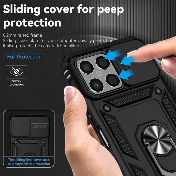Slide Camera Protector Phone Case für Honor X8 4G 4G, PC + TPU Metallring Kickstand Hybrid Cover - Schwarz