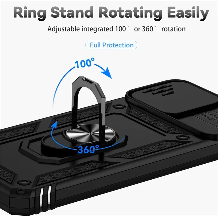 Slide Camera Protector Phone Case für Honor X8 4G 4G, PC + TPU Metallring Kickstand Hybrid Cover - Schwarz