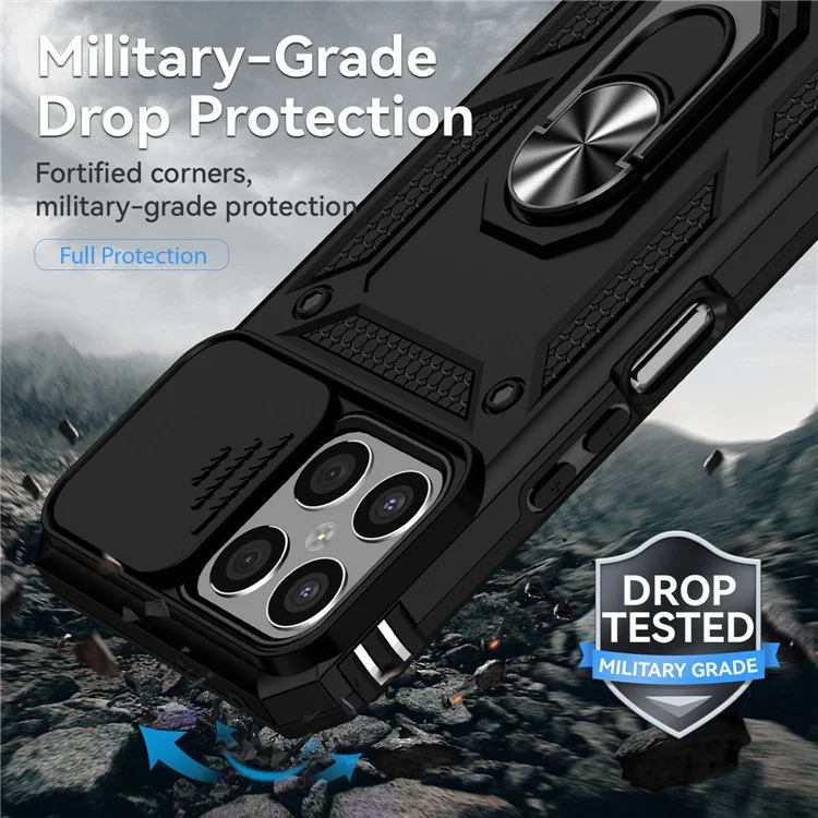 Slide Camera Protector Phone Case für Honor X8 4G 4G, PC + TPU Metallring Kickstand Hybrid Cover - Schwarz