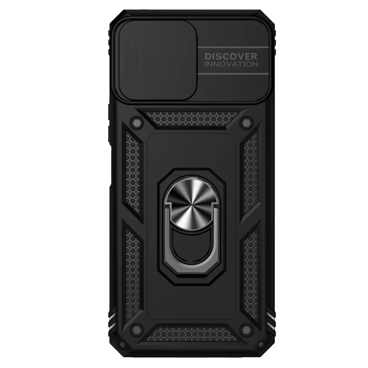 Slide Camera Protector Phone Case für Honor X8 4G 4G, PC + TPU Metallring Kickstand Hybrid Cover - Schwarz