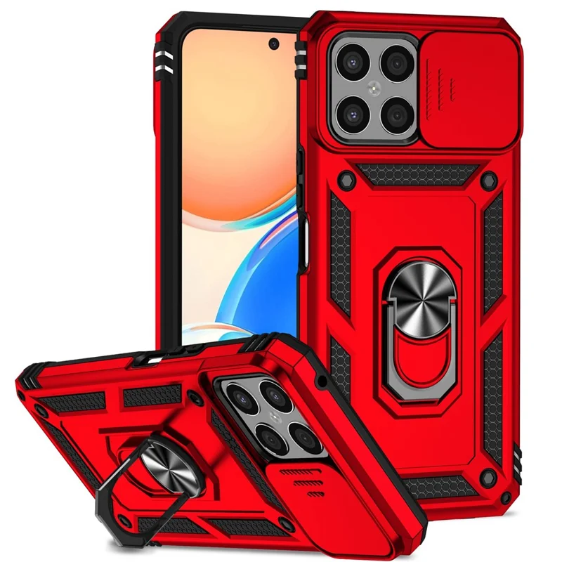 Slide Camera Protector Phone Case for Honor X8 4G 4G, PC + TPU Metal Ring Kickstand Hybrid Cover - Red