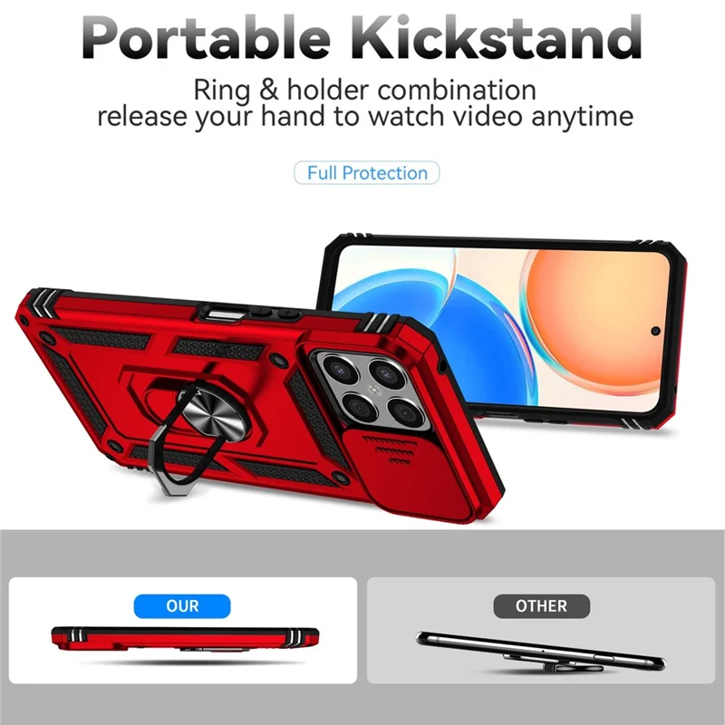Slide Camera Protector Phone Case for Honor X8 4G 4G, PC + TPU Metal Ring Kickstand Hybrid Cover - Red