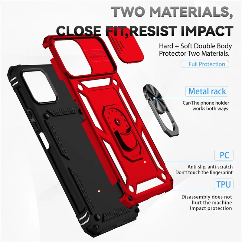 Slide Camera Protector Phone Case for Honor X8 4G 4G, PC + TPU Metal Ring Kickstand Hybrid Cover - Red