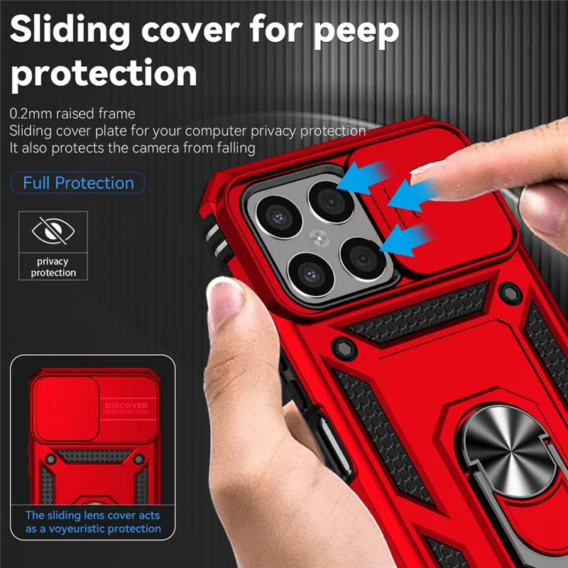 Slide Camera Protector Phone Case for Honor X8 4G 4G, PC + TPU Metal Ring Kickstand Hybrid Cover - Red