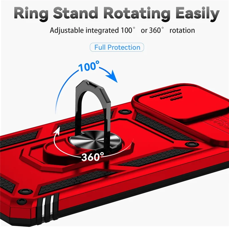Slide Camera Protector Phone Case for Honor X8 4G 4G, PC + TPU Metal Ring Kickstand Hybrid Cover - Red