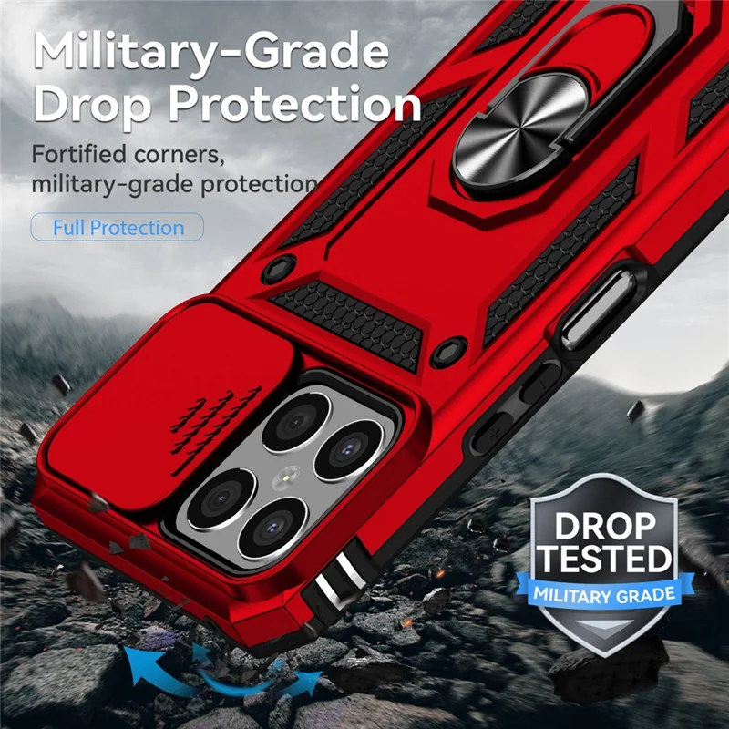 Slide Camera Protector Phone Case for Honor X8 4G 4G, PC + TPU Metal Ring Kickstand Hybrid Cover - Red