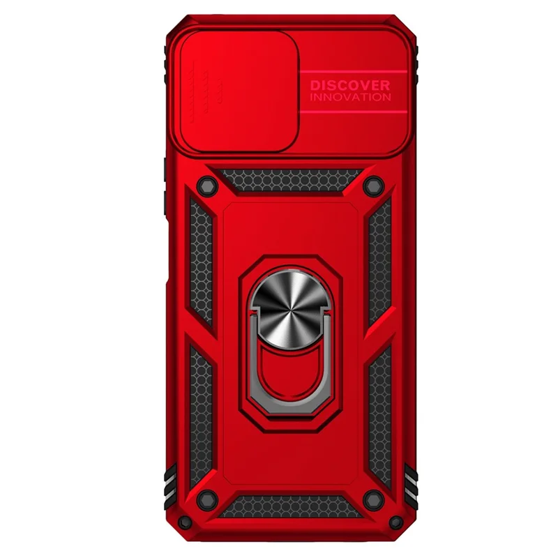 Slide Camera Protector Phone Case for Honor X8 4G 4G, PC + TPU Metal Ring Kickstand Hybrid Cover - Red