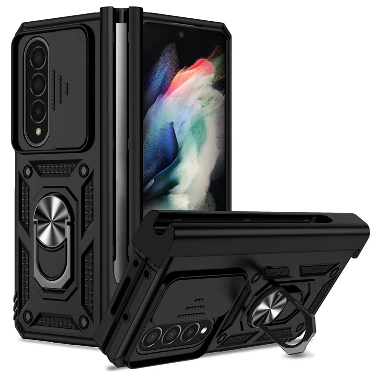For Samsung Galaxy Z Fold4 5G PC + TPU Shockproof Phone Case Metal Ring Kickstand Slide Camera Cover Shell - Black