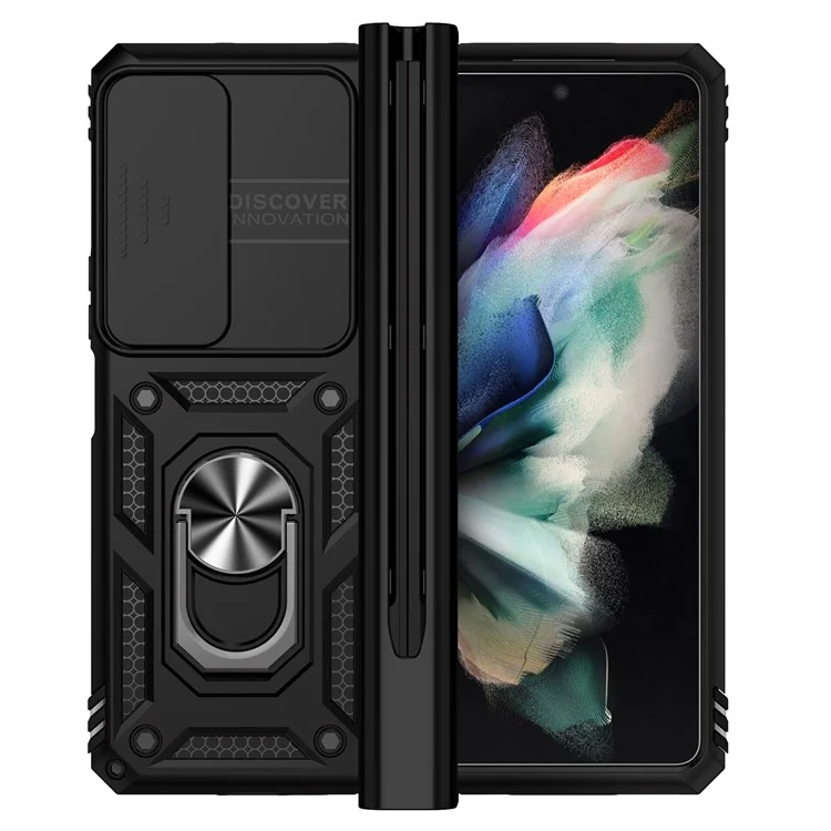 For Samsung Galaxy Z Fold4 5G PC + TPU Shockproof Phone Case Metal Ring Kickstand Slide Camera Cover Shell - Black