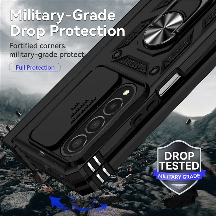 For Samsung Galaxy Z Fold4 5G PC + TPU Shockproof Phone Case Metal Ring Kickstand Slide Camera Cover Shell - Black