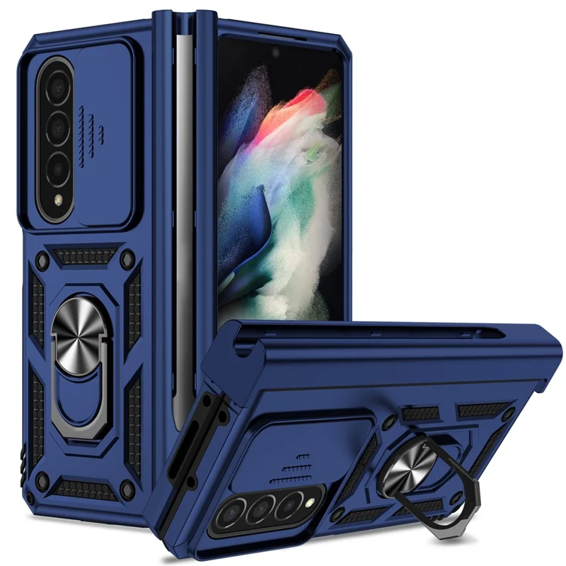 For Samsung Galaxy Z Fold4 5G PC + TPU Shockproof Phone Case Metal Ring Kickstand Slide Camera Cover Shell - Blue