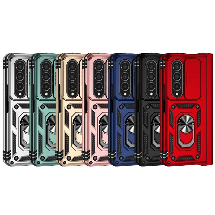 For Samsung Galaxy Z Fold4 5G PC + TPU Shockproof Phone Case Metal Ring Kickstand Slide Camera Cover Shell - Blue