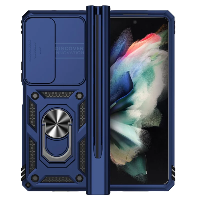 For Samsung Galaxy Z Fold4 5G PC + TPU Shockproof Phone Case Metal Ring Kickstand Slide Camera Cover Shell - Blue