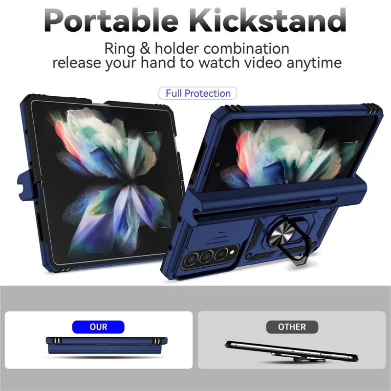 For Samsung Galaxy Z Fold4 5G PC + TPU Shockproof Phone Case Metal Ring Kickstand Slide Camera Cover Shell - Blue