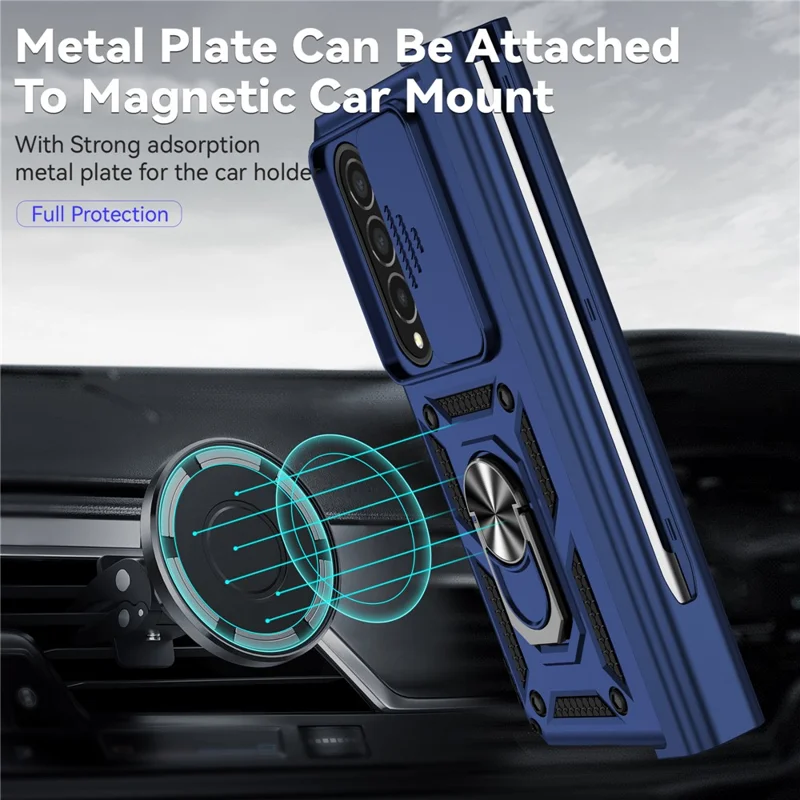 For Samsung Galaxy Z Fold4 5G PC + TPU Shockproof Phone Case Metal Ring Kickstand Slide Camera Cover Shell - Blue