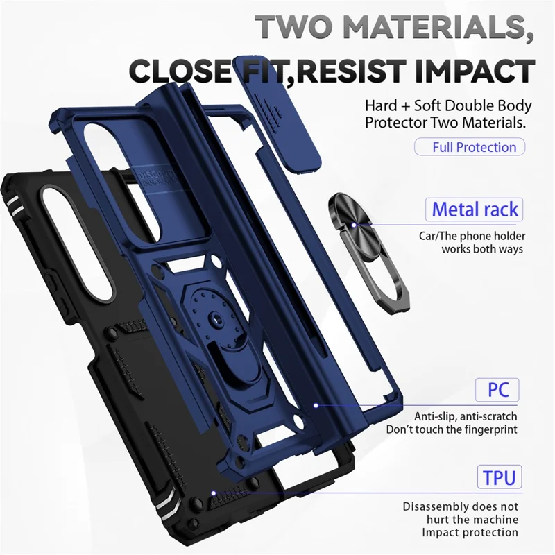 For Samsung Galaxy Z Fold4 5G PC + TPU Shockproof Phone Case Metal Ring Kickstand Slide Camera Cover Shell - Blue