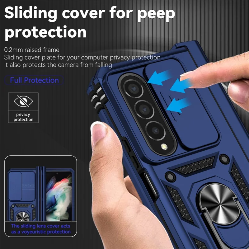 For Samsung Galaxy Z Fold4 5G PC + TPU Shockproof Phone Case Metal Ring Kickstand Slide Camera Cover Shell - Blue