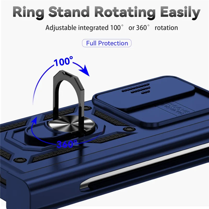 For Samsung Galaxy Z Fold4 5G PC + TPU Shockproof Phone Case Metal Ring Kickstand Slide Camera Cover Shell - Blue