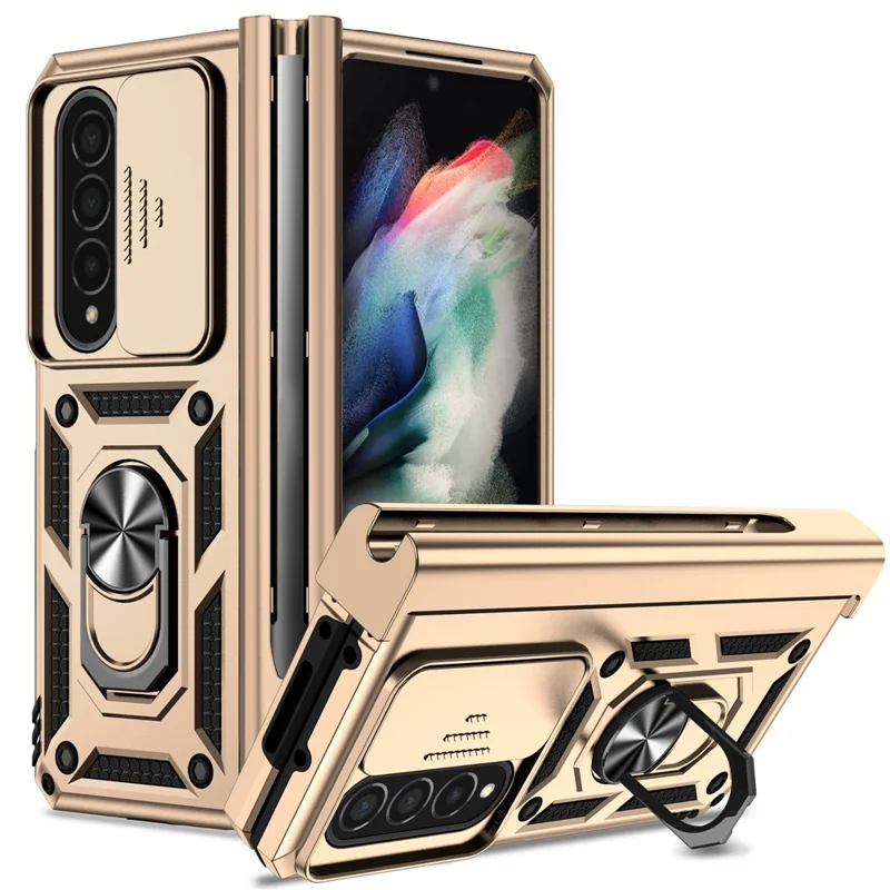 For Samsung Galaxy Z Fold4 5G Case PC+TPU Shockproof Phone Case with Ring Kickstand - Gold