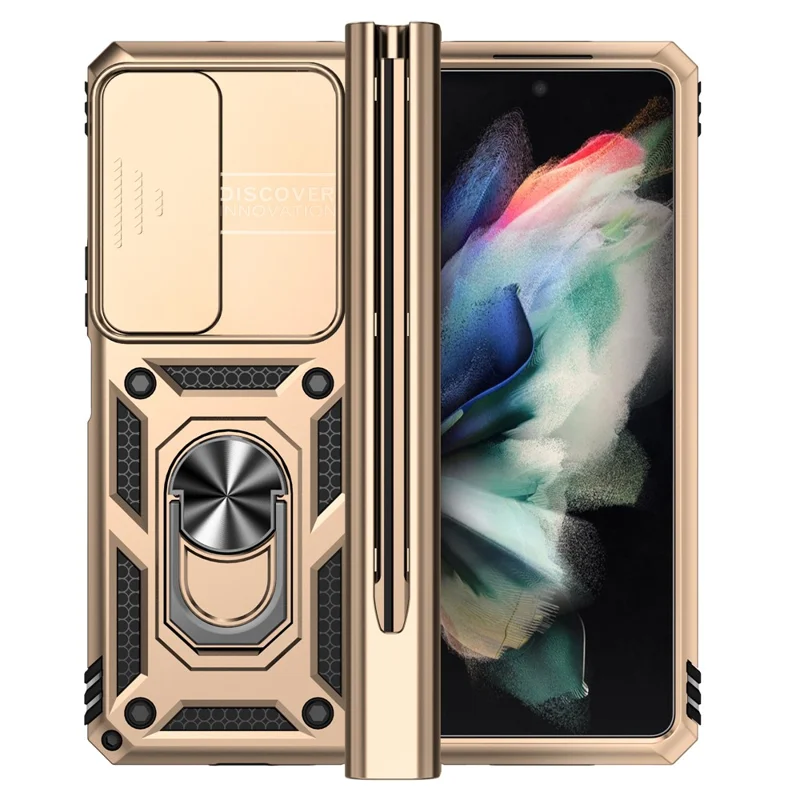 For Samsung Galaxy Z Fold4 5G Case PC+TPU Shockproof Phone Case with Ring Kickstand - Gold