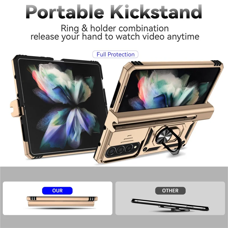 For Samsung Galaxy Z Fold4 5G Case PC+TPU Shockproof Phone Case with Ring Kickstand - Gold