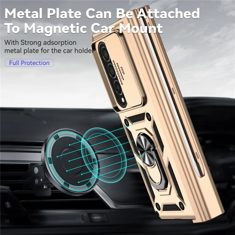 For Samsung Galaxy Z Fold4 5G Case PC+TPU Shockproof Phone Case with Ring Kickstand - Gold