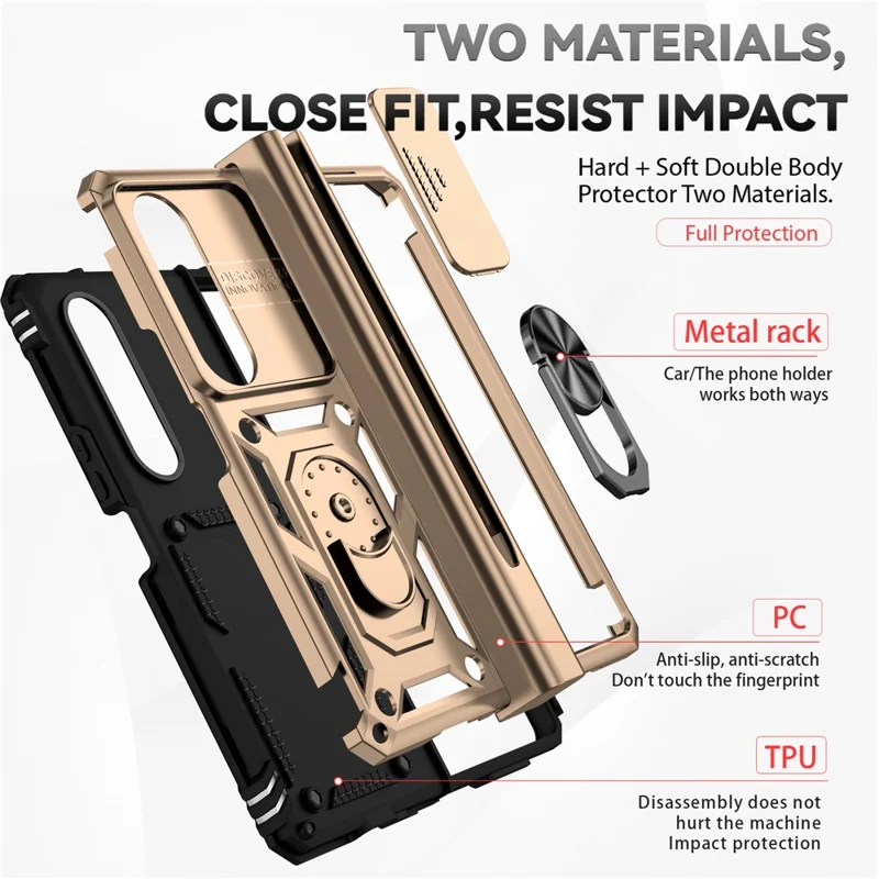 For Samsung Galaxy Z Fold4 5G Case PC+TPU Shockproof Phone Case with Ring Kickstand - Gold