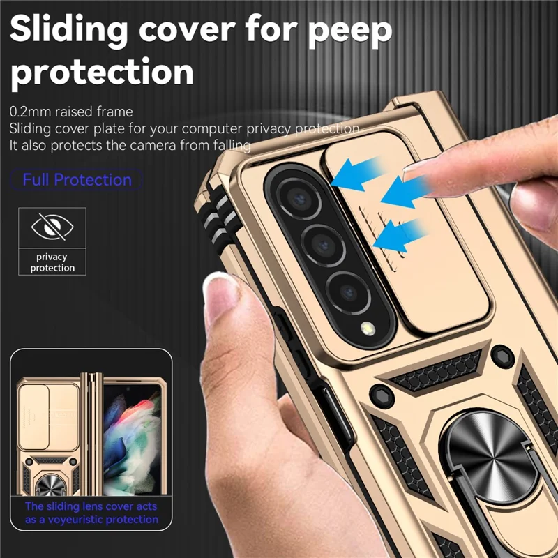 For Samsung Galaxy Z Fold4 5G Case PC+TPU Shockproof Phone Case with Ring Kickstand - Gold