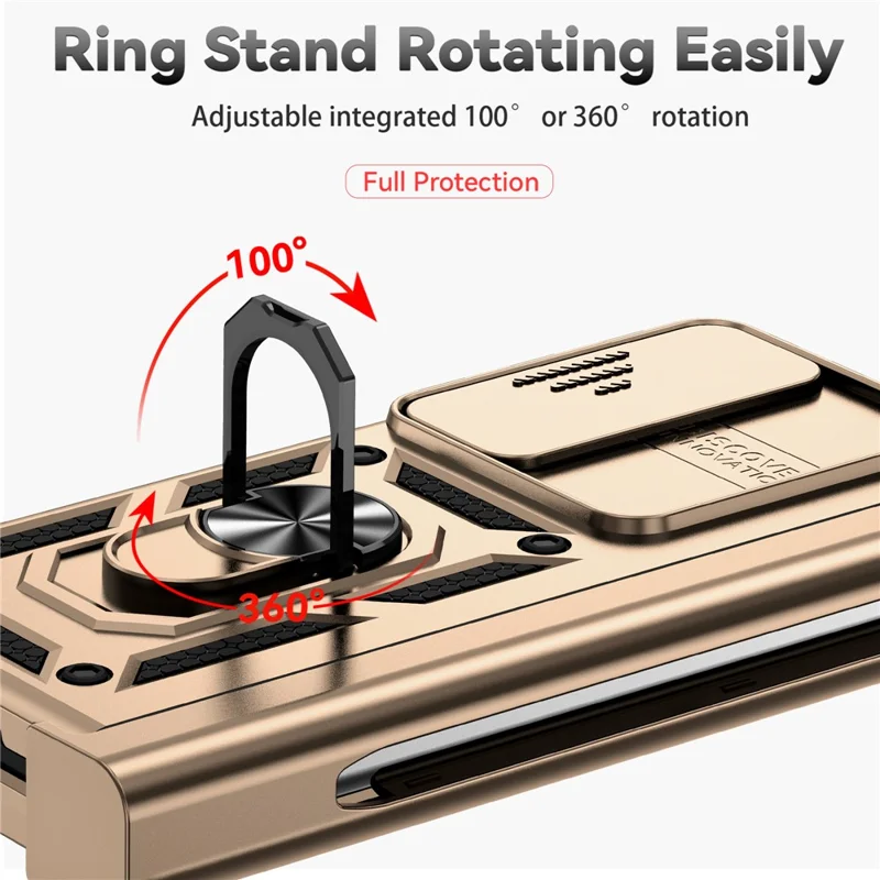 For Samsung Galaxy Z Fold4 5G Case PC+TPU Shockproof Phone Case with Ring Kickstand - Gold