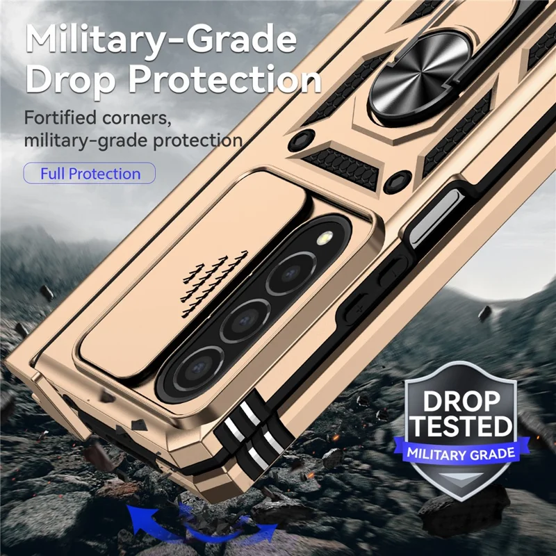 For Samsung Galaxy Z Fold4 5G Case PC+TPU Shockproof Phone Case with Ring Kickstand - Gold
