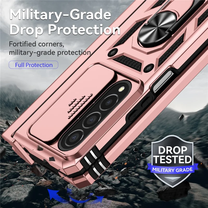 Per Samsung Galaxy Z Fold4 5G Custodia PC+TPU Custodia per telefono antiurto con supporto ad anello - Oro rosa