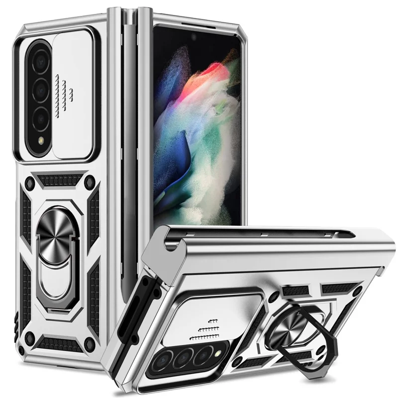 For Samsung Galaxy Z Fold4 5G Case PC+TPU Shockproof Phone Case with Ring Kickstand - Silver
