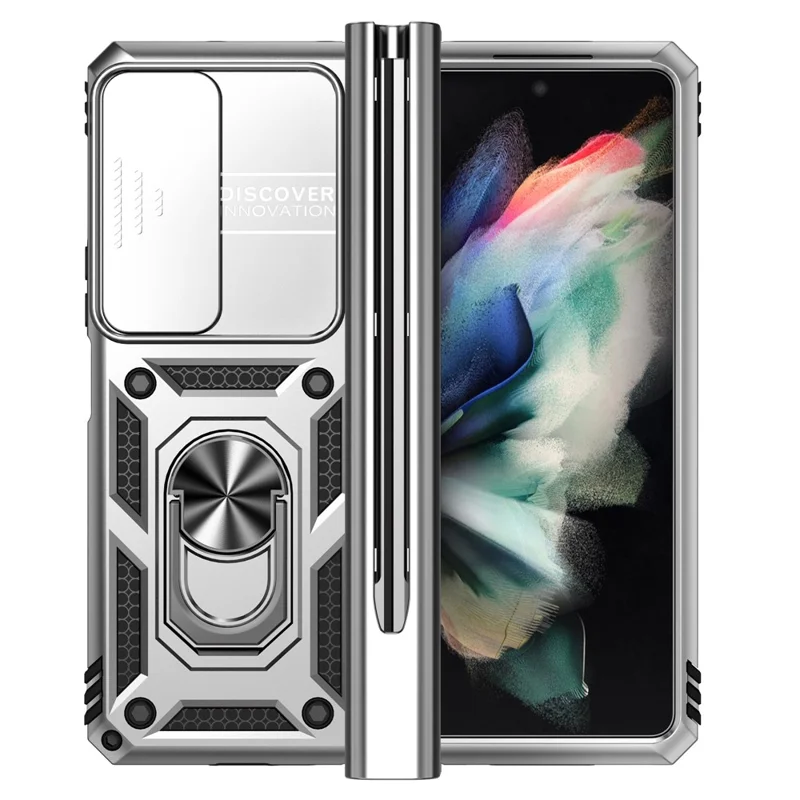 For Samsung Galaxy Z Fold4 5G Case PC+TPU Shockproof Phone Case with Ring Kickstand - Silver