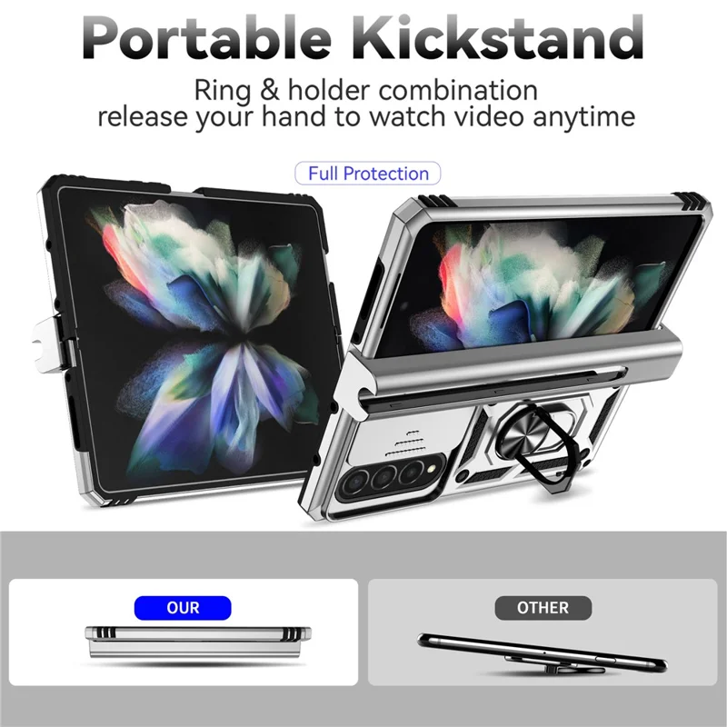For Samsung Galaxy Z Fold4 5G Case PC+TPU Shockproof Phone Case with Ring Kickstand - Silver