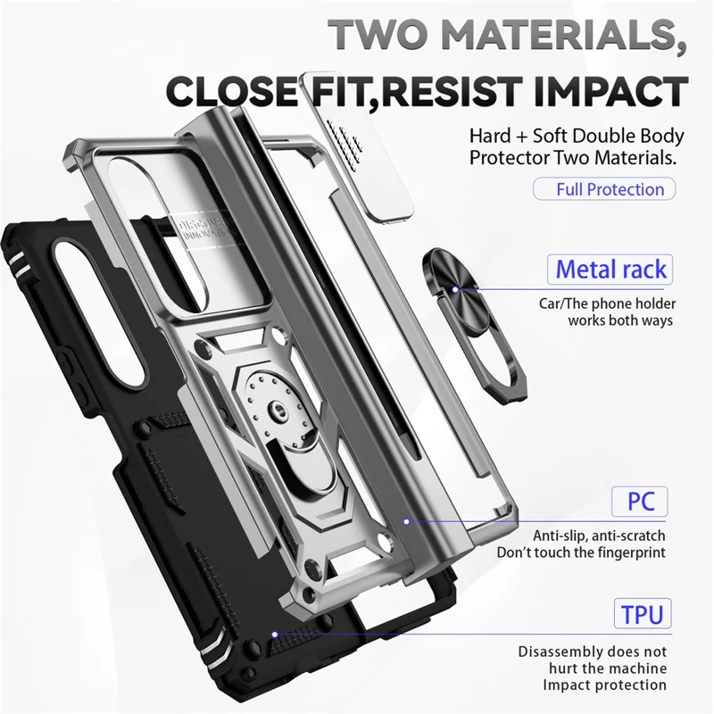 For Samsung Galaxy Z Fold4 5G Case PC+TPU Shockproof Phone Case with Ring Kickstand - Silver
