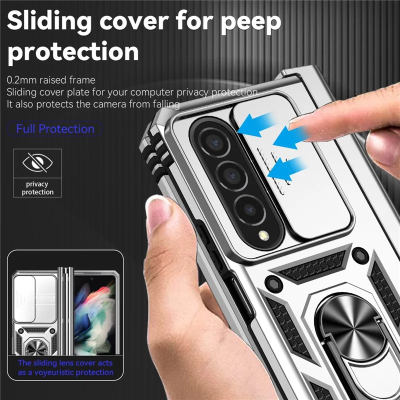 For Samsung Galaxy Z Fold4 5G Case PC+TPU Shockproof Phone Case with Ring Kickstand - Silver